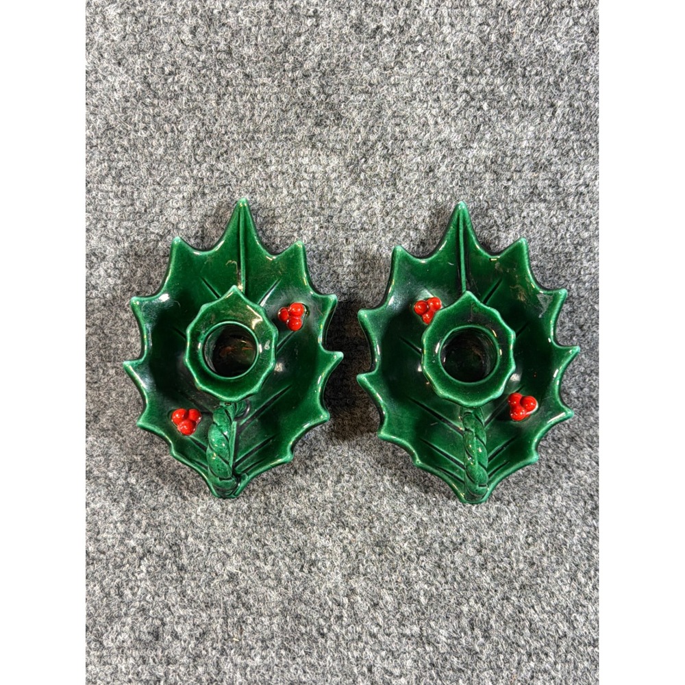 Vintage Christmas Lefton Green Holly Leaf Candle Holders Set of 2 Japan 717